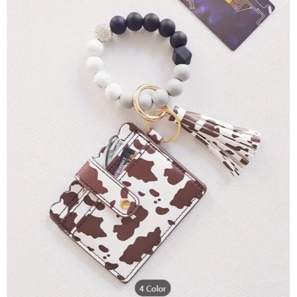 Brown Cow Print ID Card Holder With Tassel & Beaded Keychain Bracelet Wristlet W - Picture 1 of 3